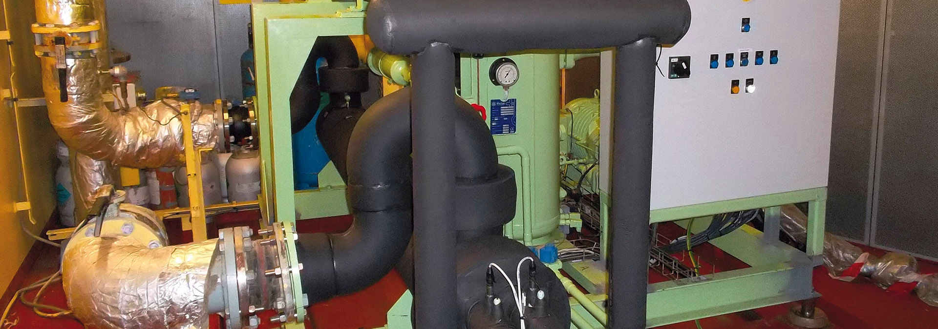 Pipework and machinery installation aboard a vessel.